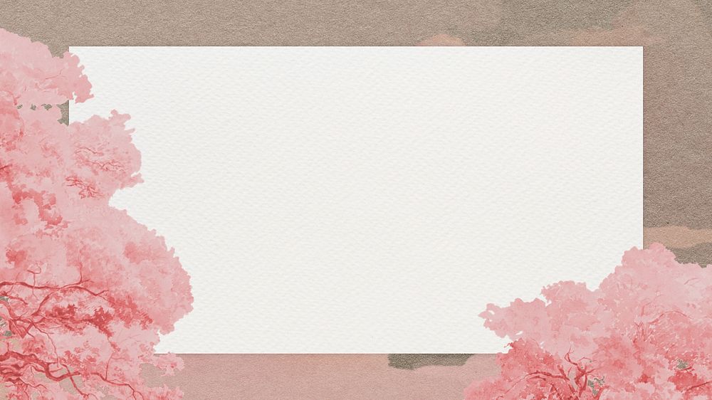 Beige frame desktop wallpaper, editable pink tree border