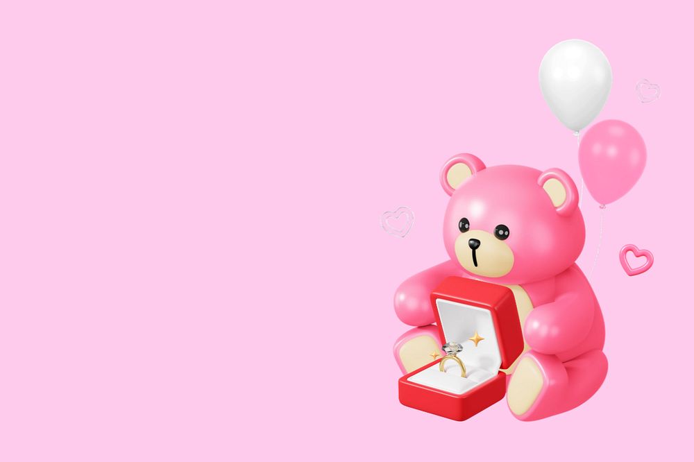 Engagement ring teddy bear, 3D wedding illustration, editable design