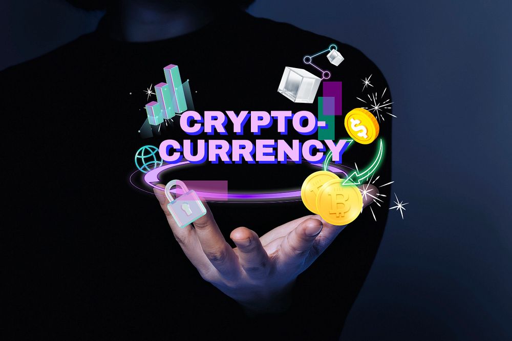 Cryptocurrency word, finance remix in neon, editable design