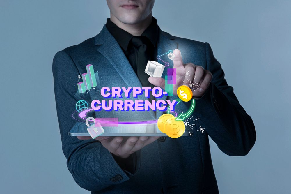 Cryptocurrency word, finance remix in neon, editable design