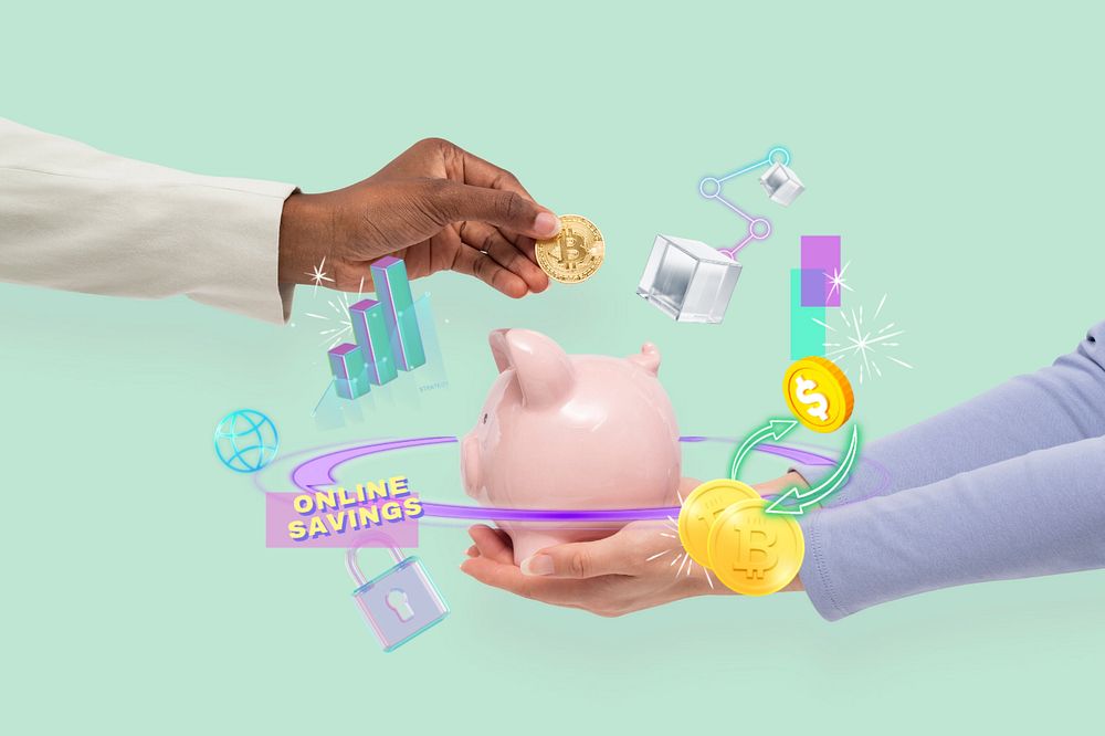 Online savings, piggy bank, digital finance remix, editable design