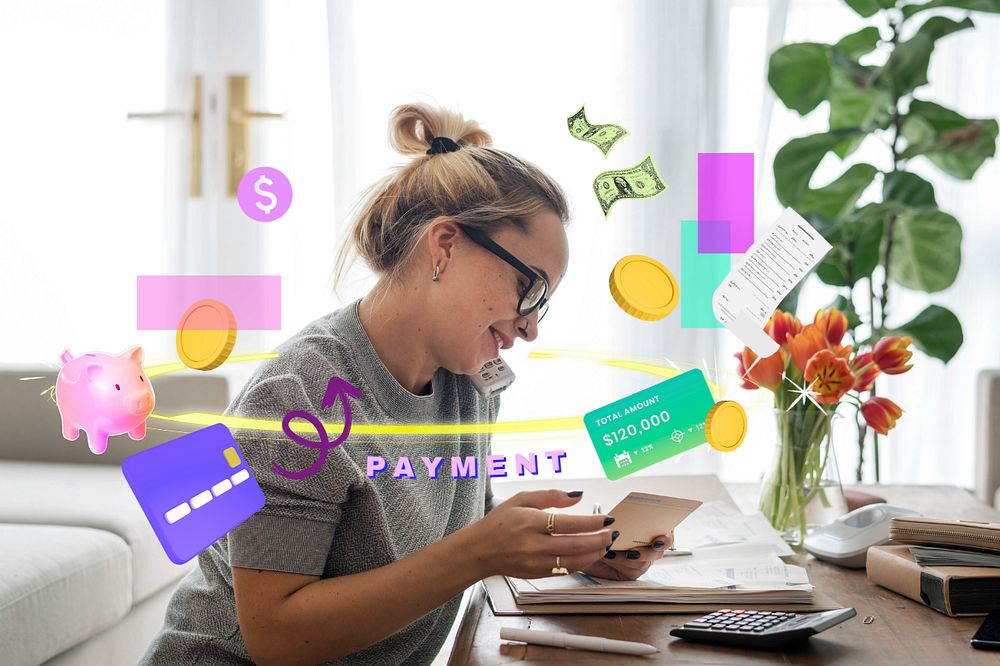 Woman paying bills, finance remix, editable design