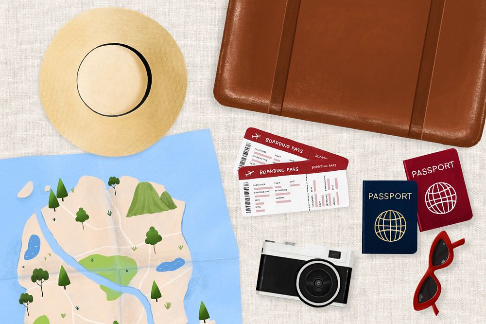 Travel aesthetic, luggage, passport and map illustration, editable design