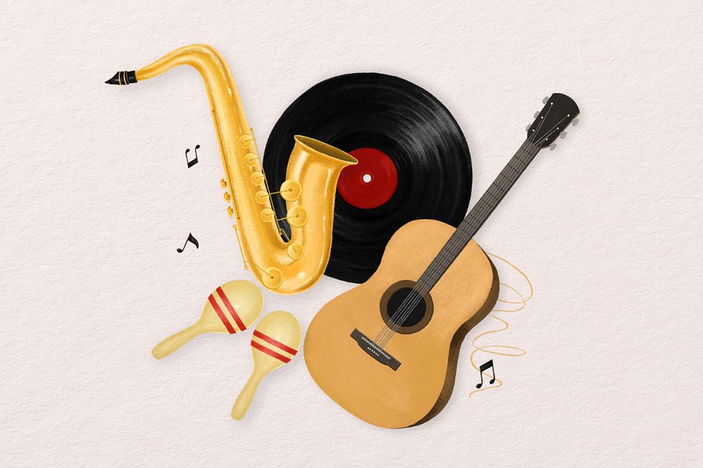 Jazz music aesthetic, saxophone, acoustic guitar illustration, editable design