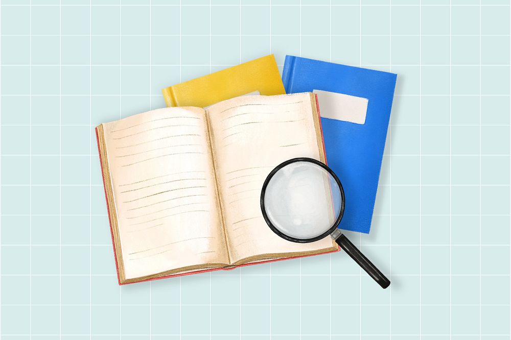 Education aesthetic, open book, magnifying glass illustration, editable design