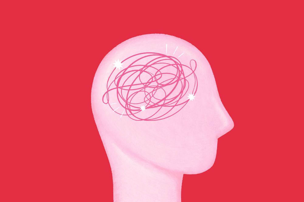 Pink scribbled head, mental health remix, editable design