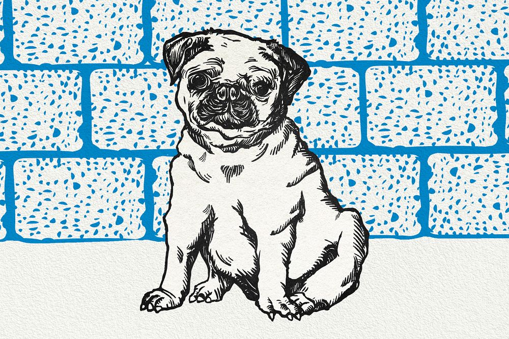 Blue vintage pug illustration,  editable design