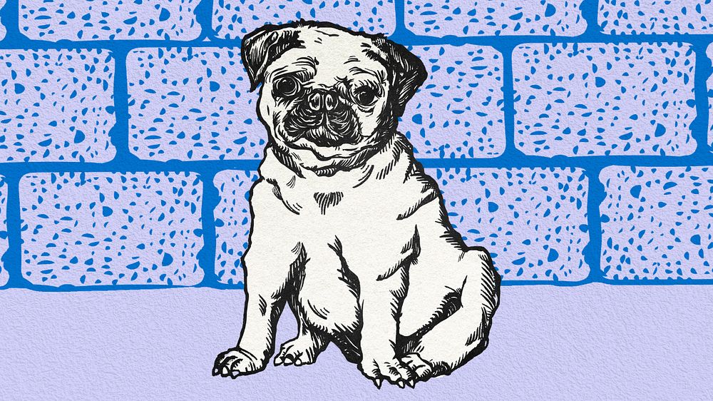 Blue vintage pug desktop wallpaper, editable design