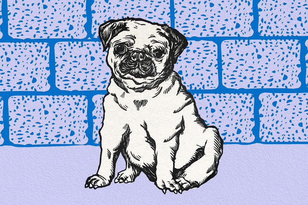 Blue vintage pug illustration,  editable design