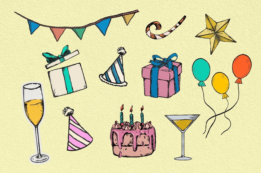 Vintage birthday illustration set editable design