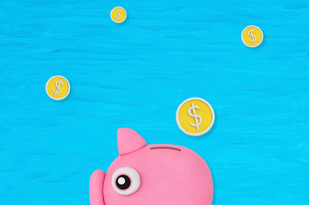 Clay piggy bank blue background, editable design