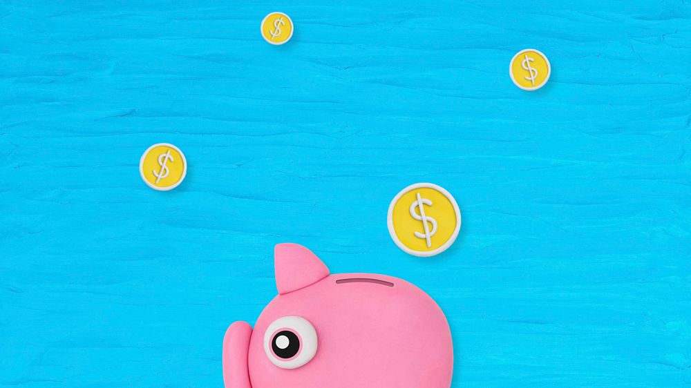 Piggy bank blue desktop wallpaper, editable design