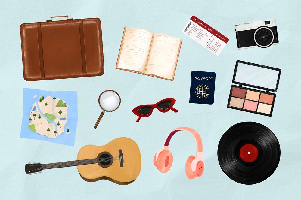 Hobby and travel aesthetic collage element set, editable design