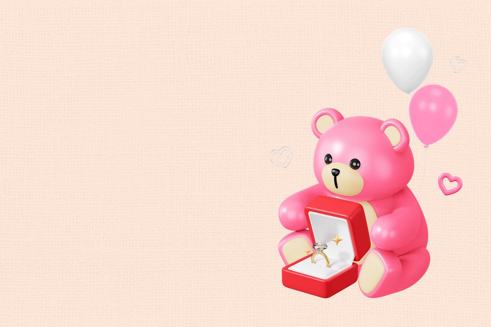 Engagement ring teddy bear, 3D wedding illustration, editable design