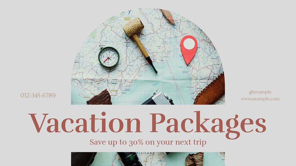 Vacation packages blog banner template, editable text