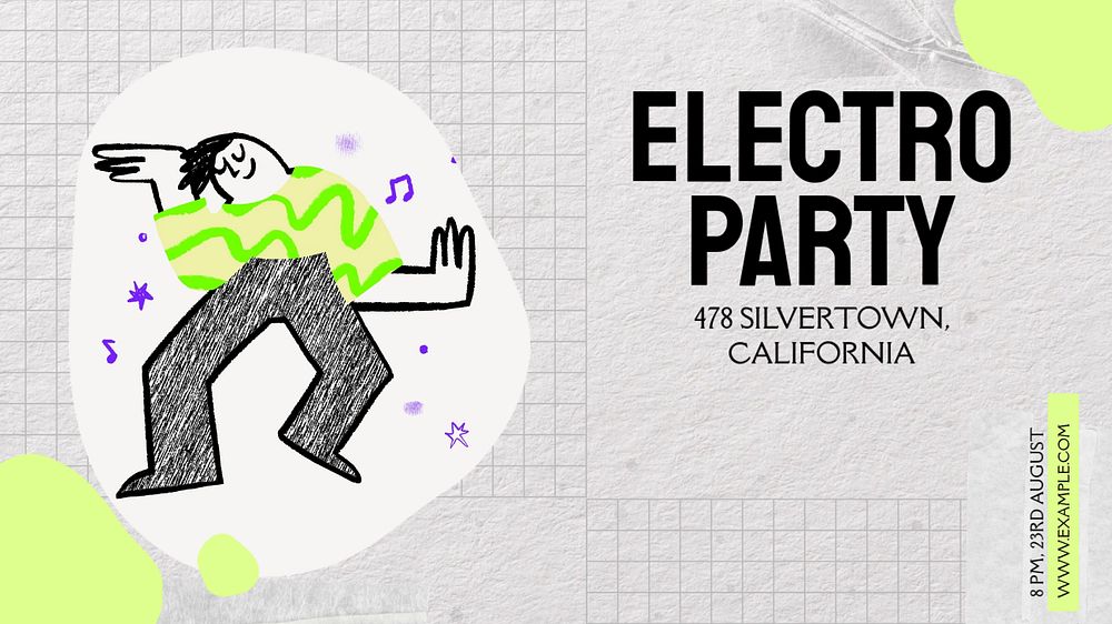 Electro party blog banner template, editable text