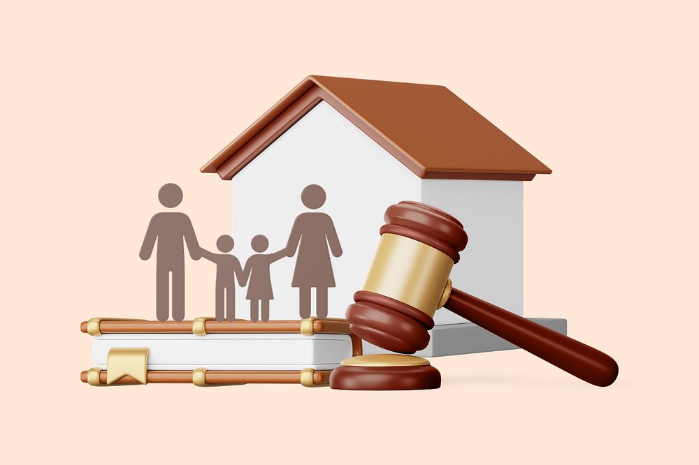 Family lawyer remix, 3D gavel and home illustration, editable design