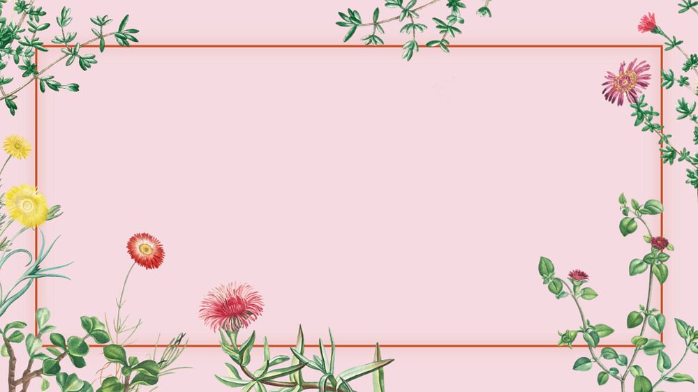 Colorful spring flowers desktop wallpaper, pink frame background, editable design