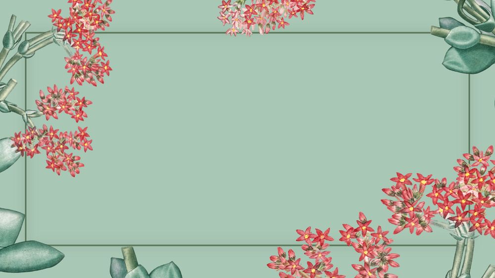 Green Ixora flower desktop wallpaper, vintage botanical frame, editable design