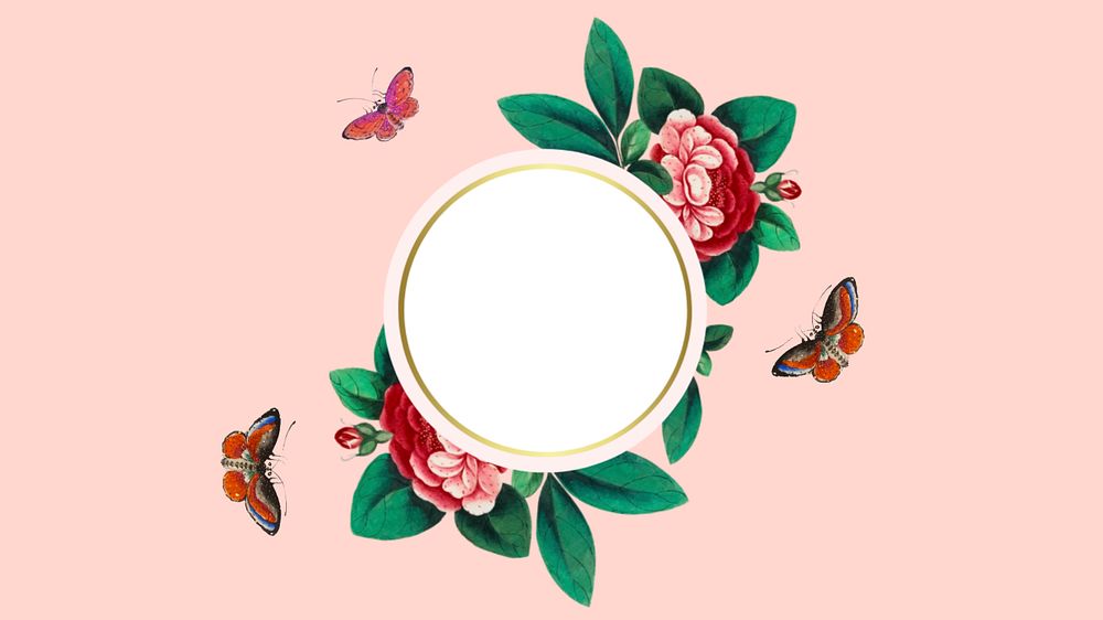 Flower desktop wallpaper, circle shape on pink background, editable design