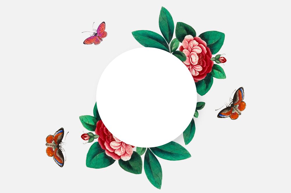 White round circle with vintage flower elements on white background, editable design