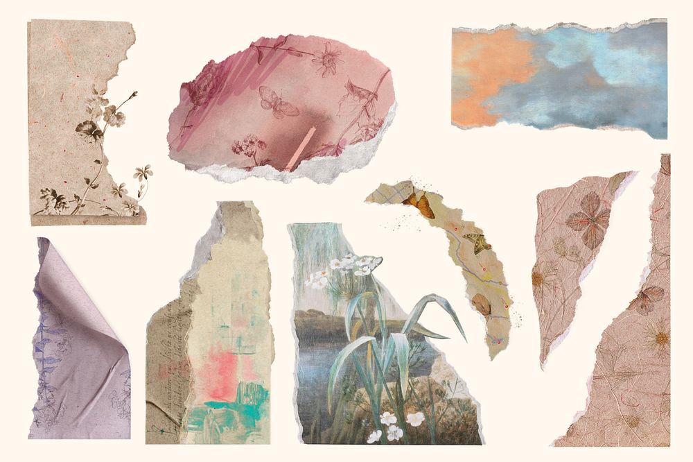 Aesthetic torn watercolor paintings paper set