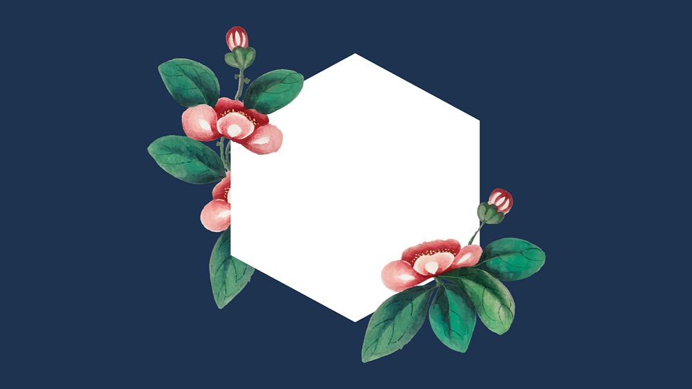 Blue desktop wallpaper, flower illustration with hexagon shape, editable design