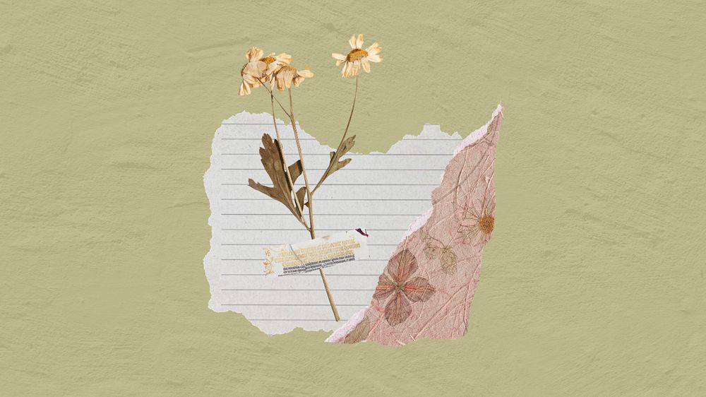 Desktop wallpaper aesthetic flower paper journal, green background