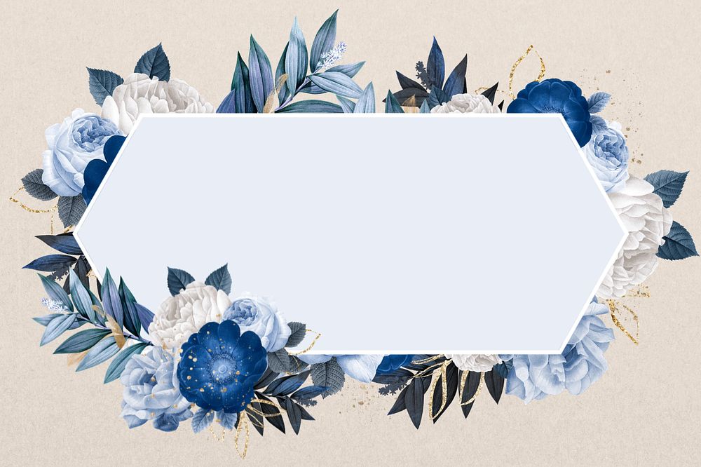 Winter flower frame, blue hexagon shape editable design