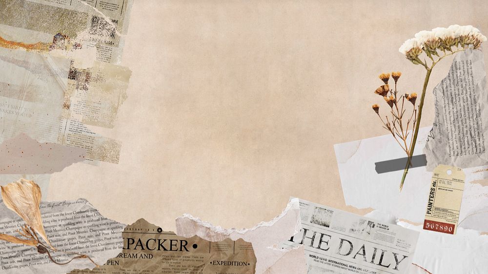 Desktop wallpaper aesthetic torn paper collage, beige background