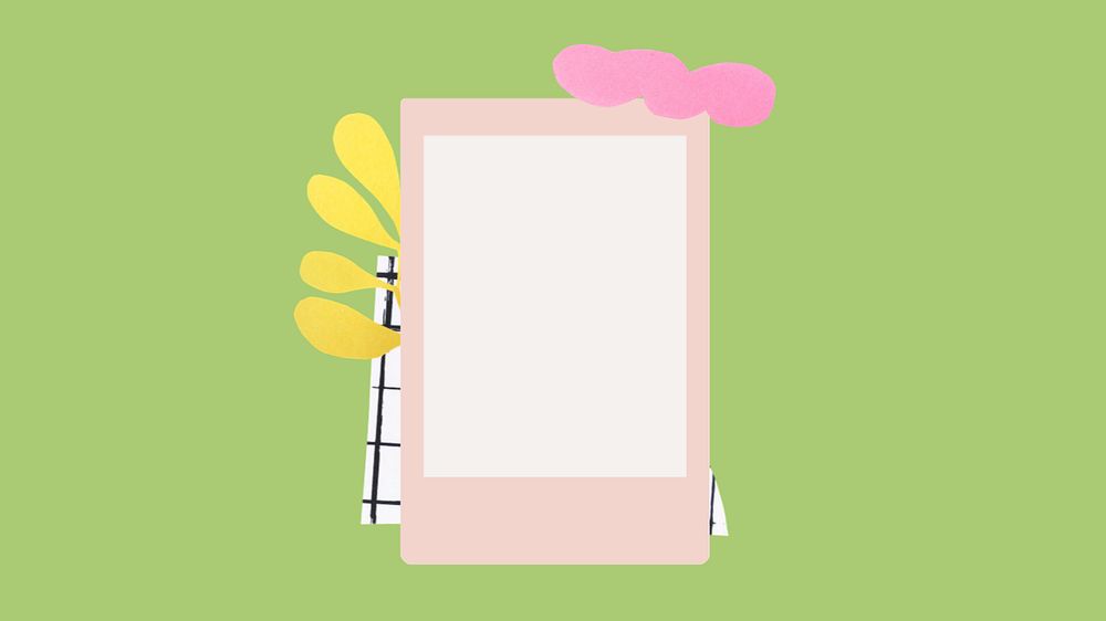 Green desktop wallpaper, pink photo frame with cute doodles, editable design