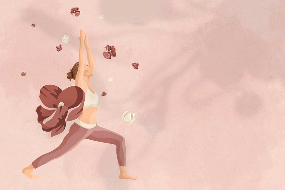 Woman flower aesthetic yoga pink background, warrior pose, editable design