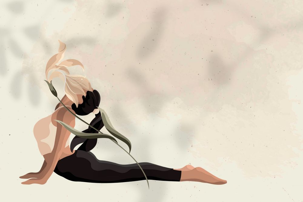 Woman flower aesthetic yoga beige background, cobra pose, editable design