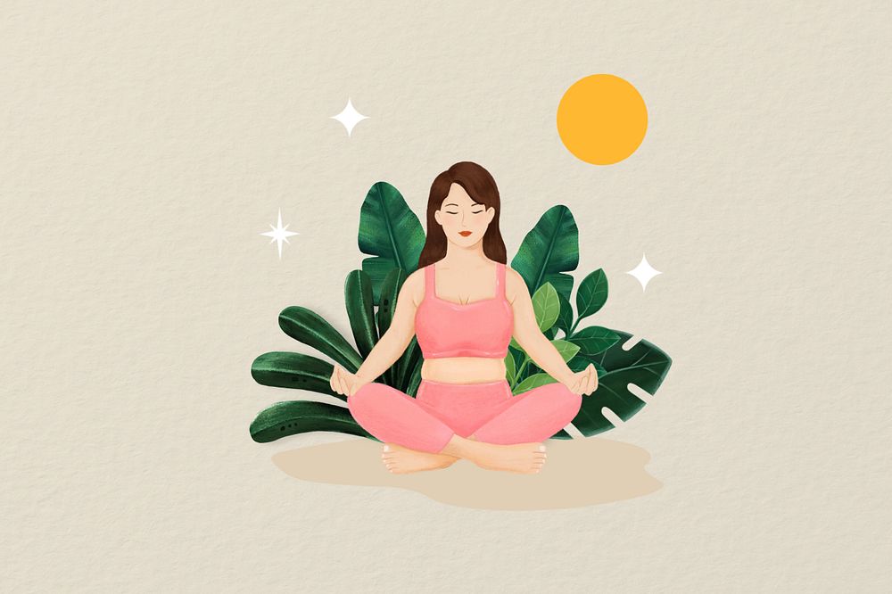 Meditating woman, wellness character illustration, editable design