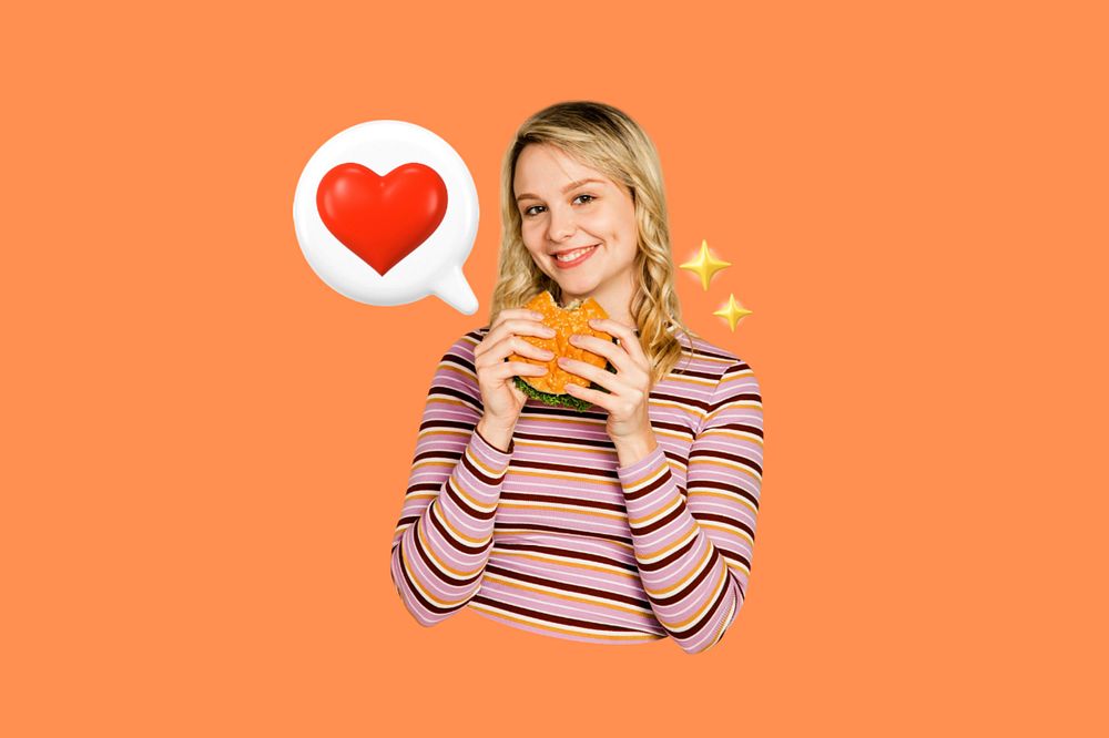 Girl food lover collage, editable orange design