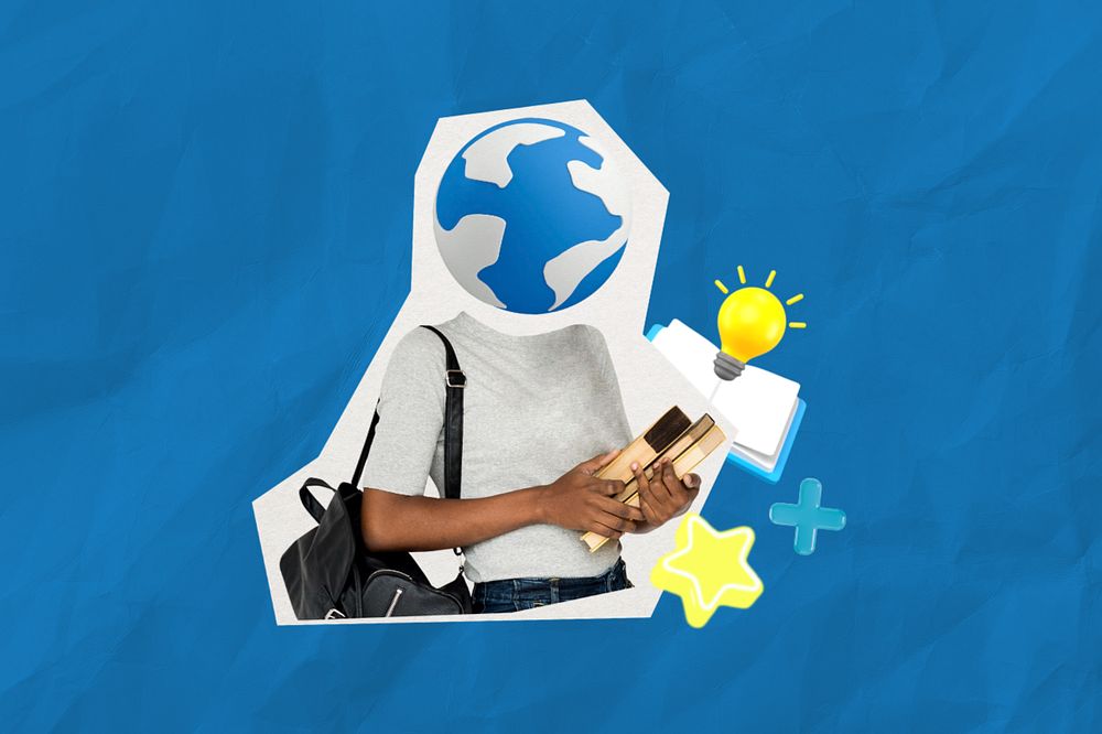 Study abroad collage, editable blue design