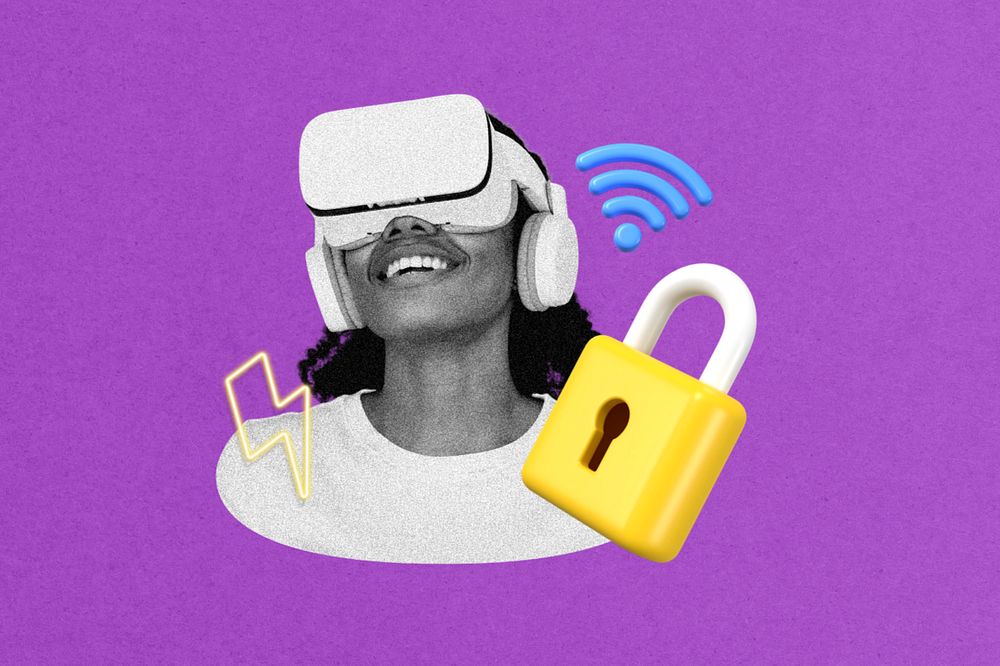 VR cyber security collage, editable purple design