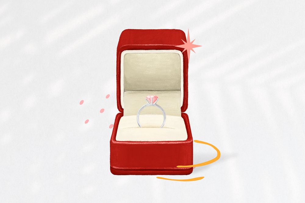 Wedding diamond ring, red velvet box illustration, editable design