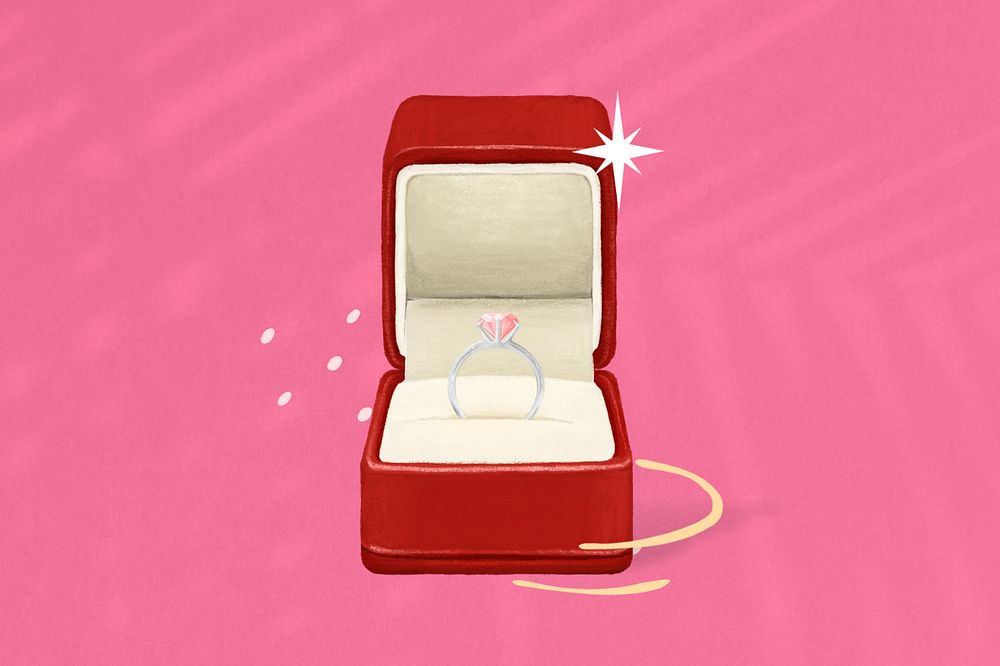 Wedding diamond ring, red velvet box illustration, editable design