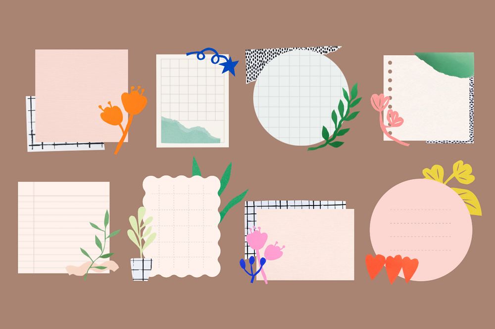 Paper note png sticker set, pastel plant and flower doodles, editable design