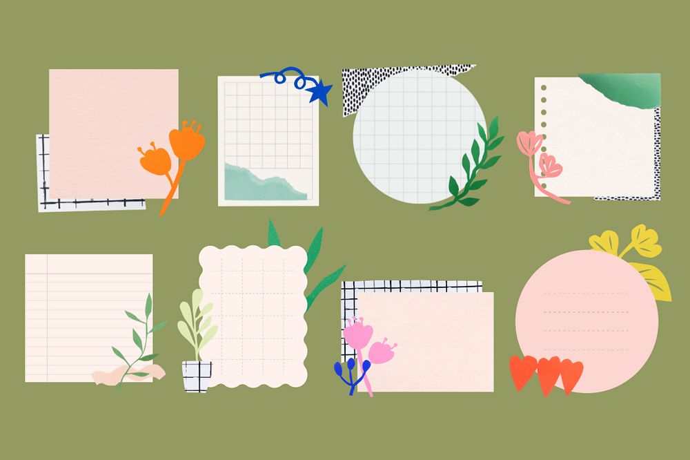 Paper note sticker set, pink plant and flower doodles, editable design