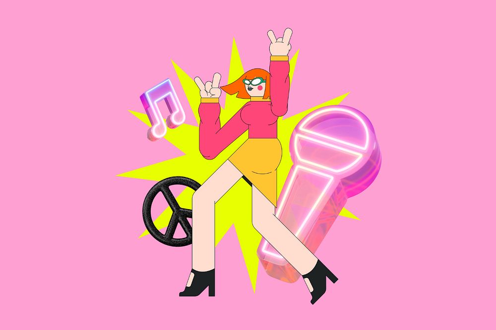 Woman enjoying music, pink editable design