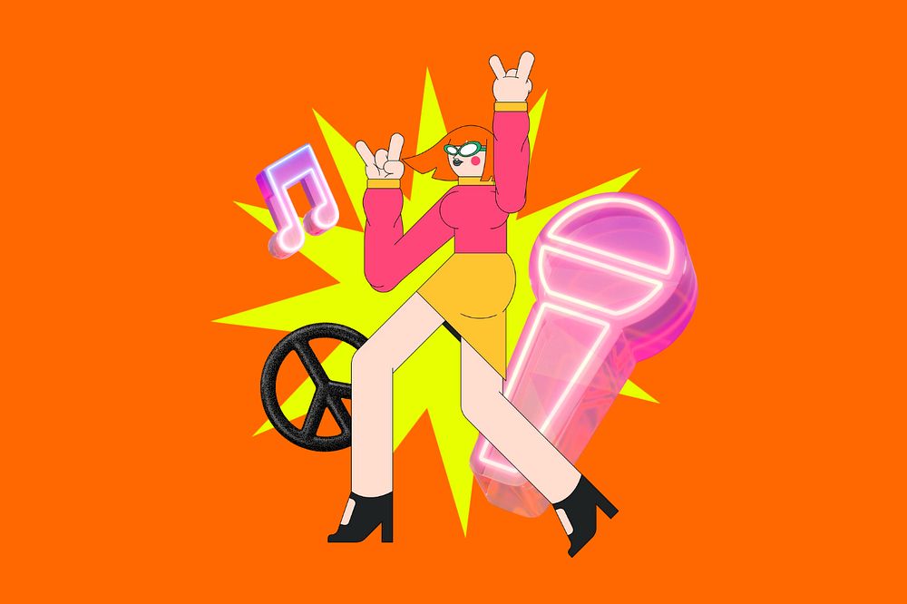 Woman enjoying music, orange editable design