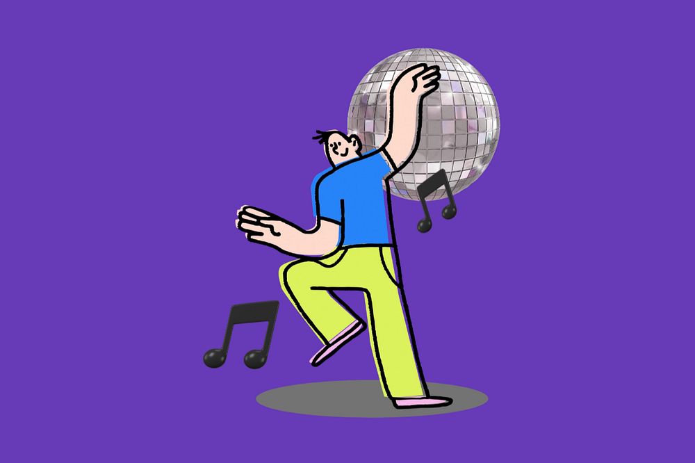 Doodle dancing disco party, purple editable design