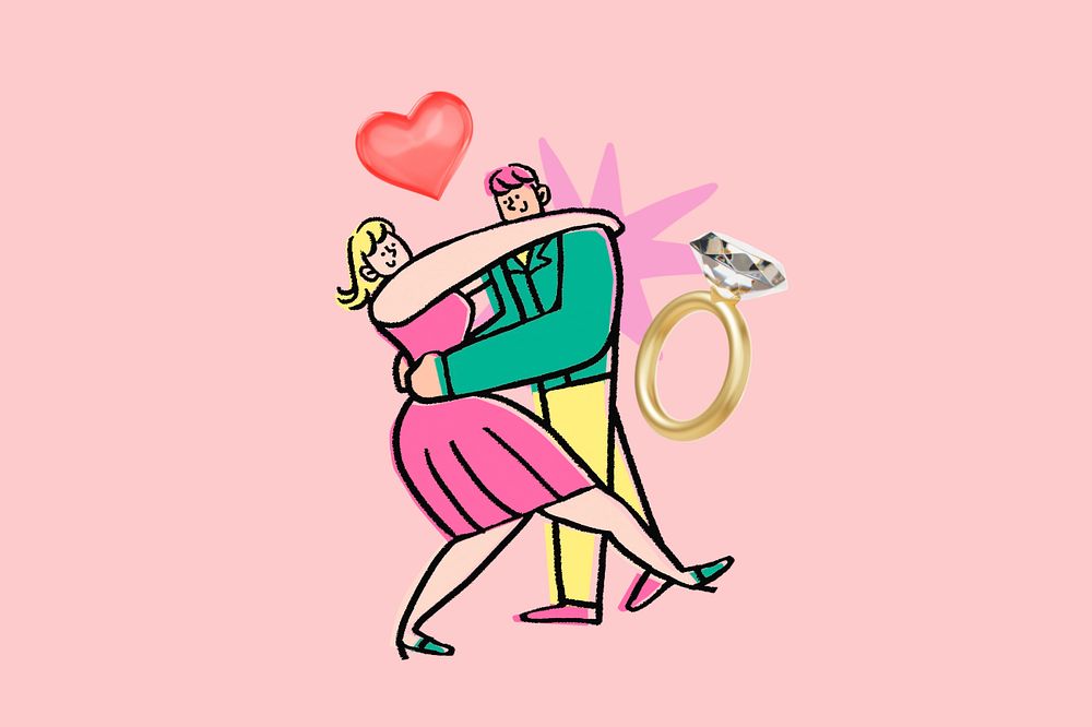 Doodle couple dancing, pink editable design