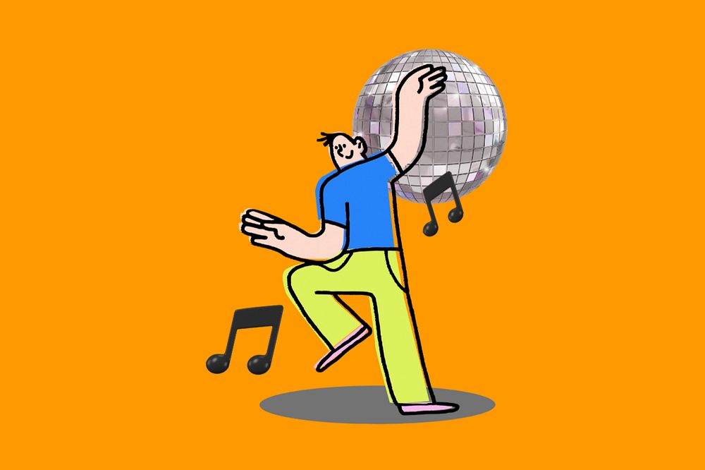 Doodle dancing disco party, orange editable design