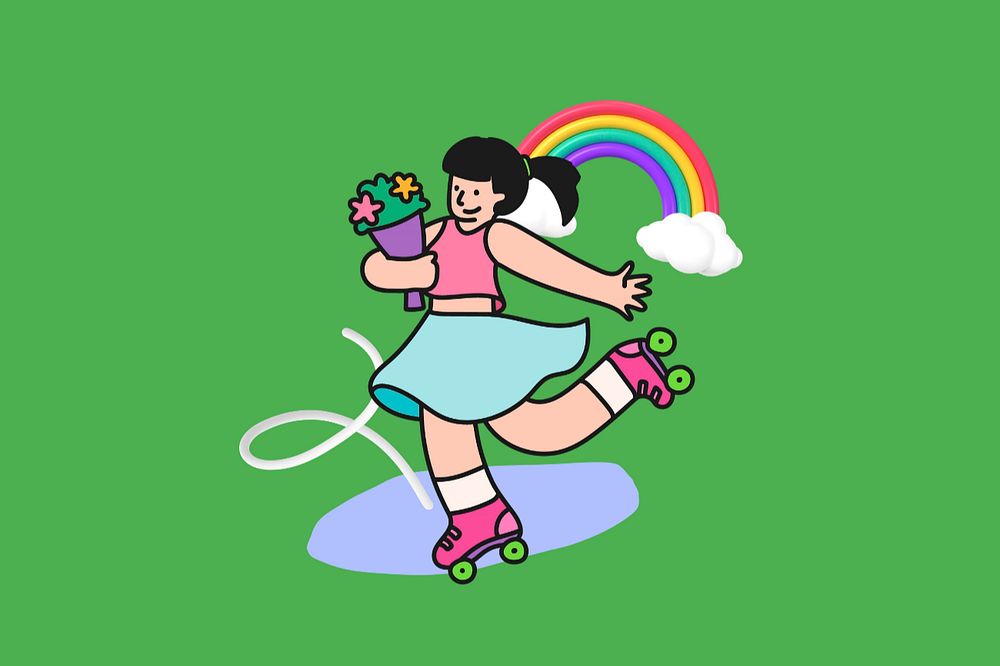 Doodle woman rollerblading, green editable design