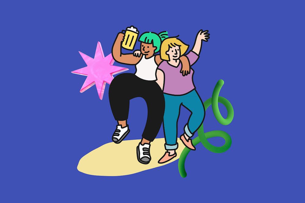 Doodle women partying, blue editable design