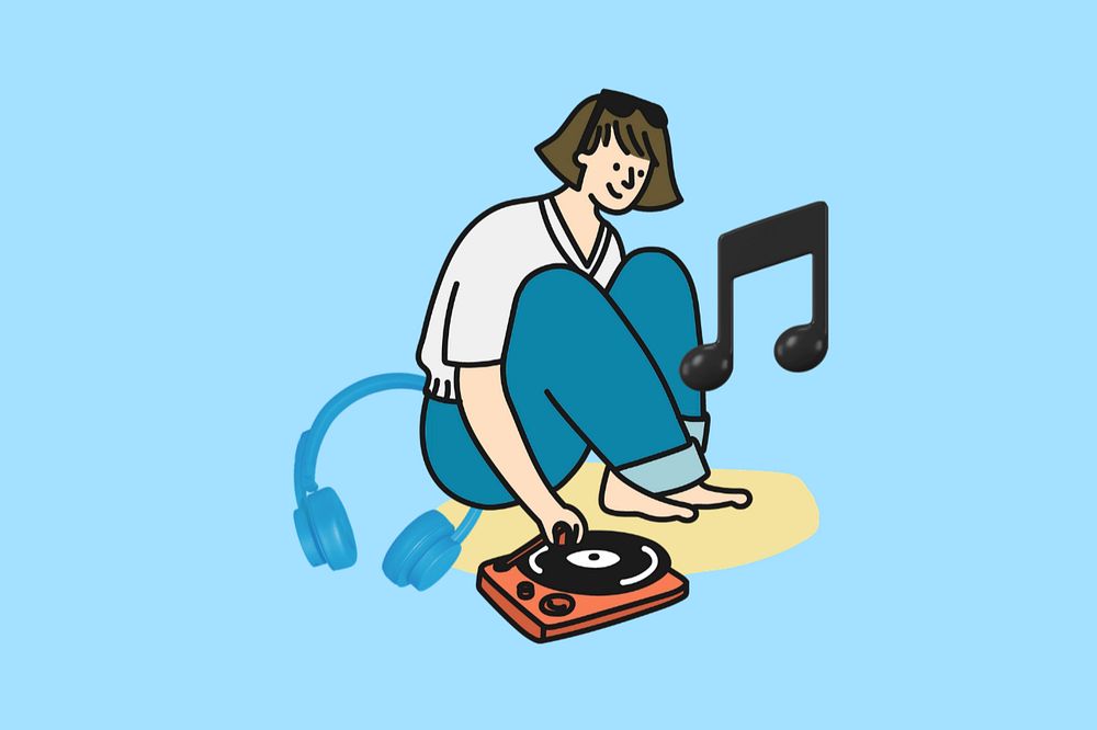 Doodle listening to music, blue editable design