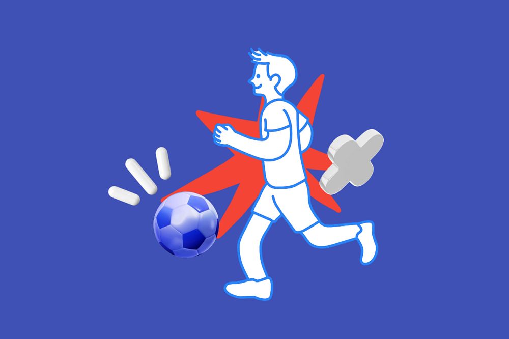 Doodle man playing football, blue editable design